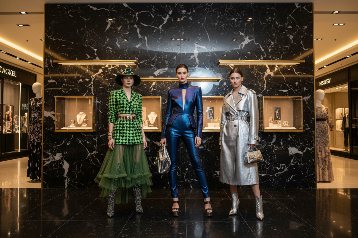 create a n reaistic image of womens unique with black lavish background in shopping ma 