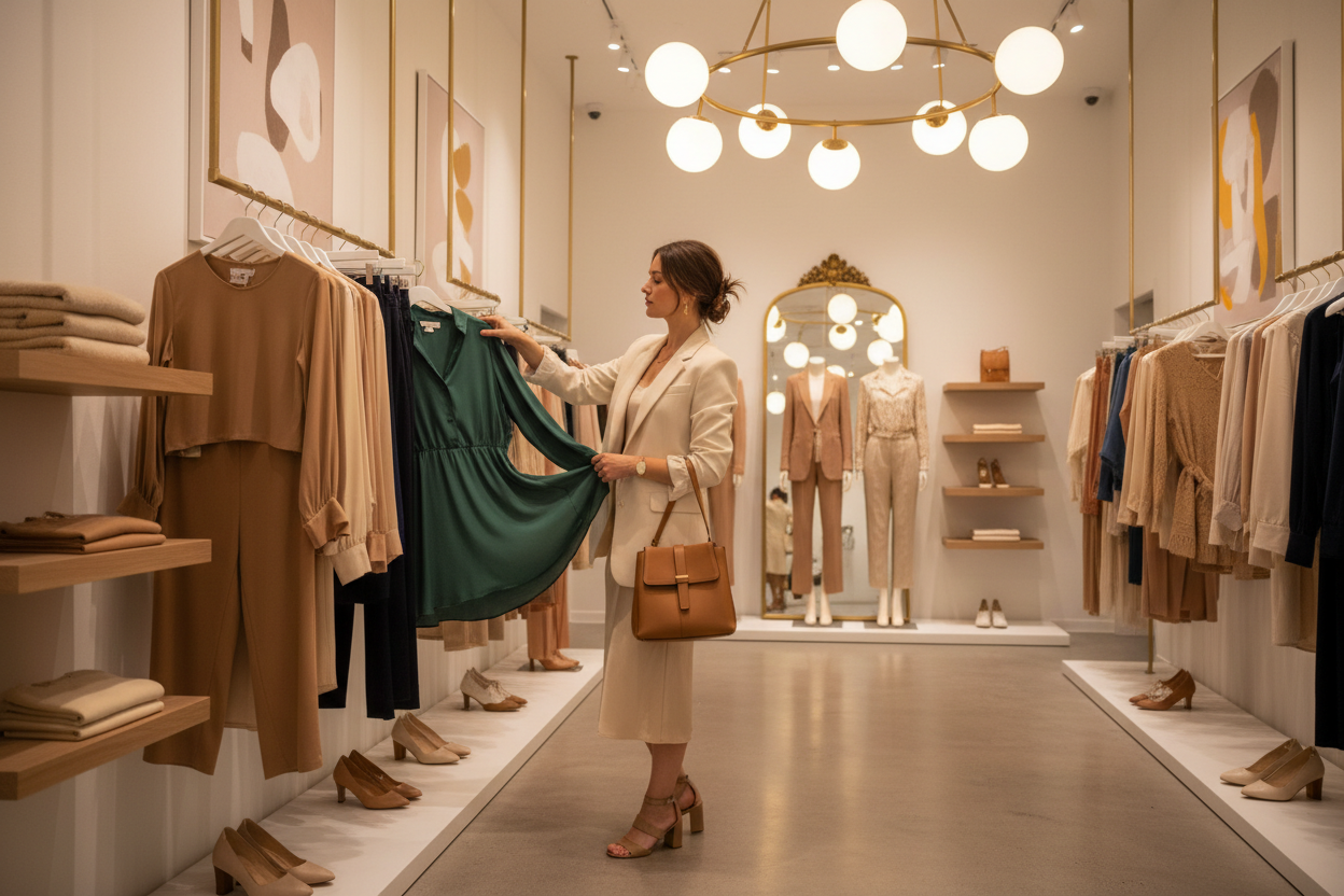 create an image of fashion stye with women buting cother